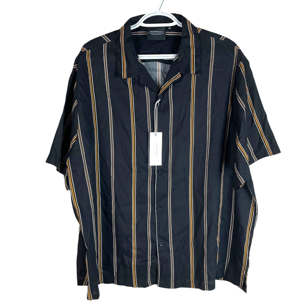 NEW 7‎ Diamonds Mens Camp Shirt XL Black Striped Viscose Stretch Walk The Line